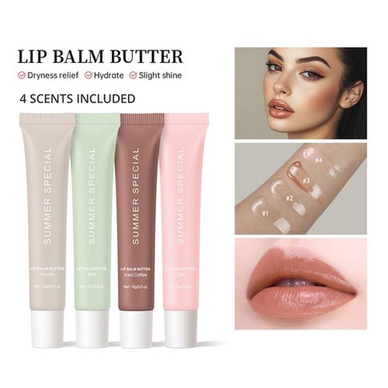 4 PCS Summer Special Lip Balm Butter, Hydrating, Nourishing Lip Gloss with Shea Butter & Olive Oil, Sheer Tinted Shine, Instant Moisture & Soothing Dry Lips (Pack of 4)