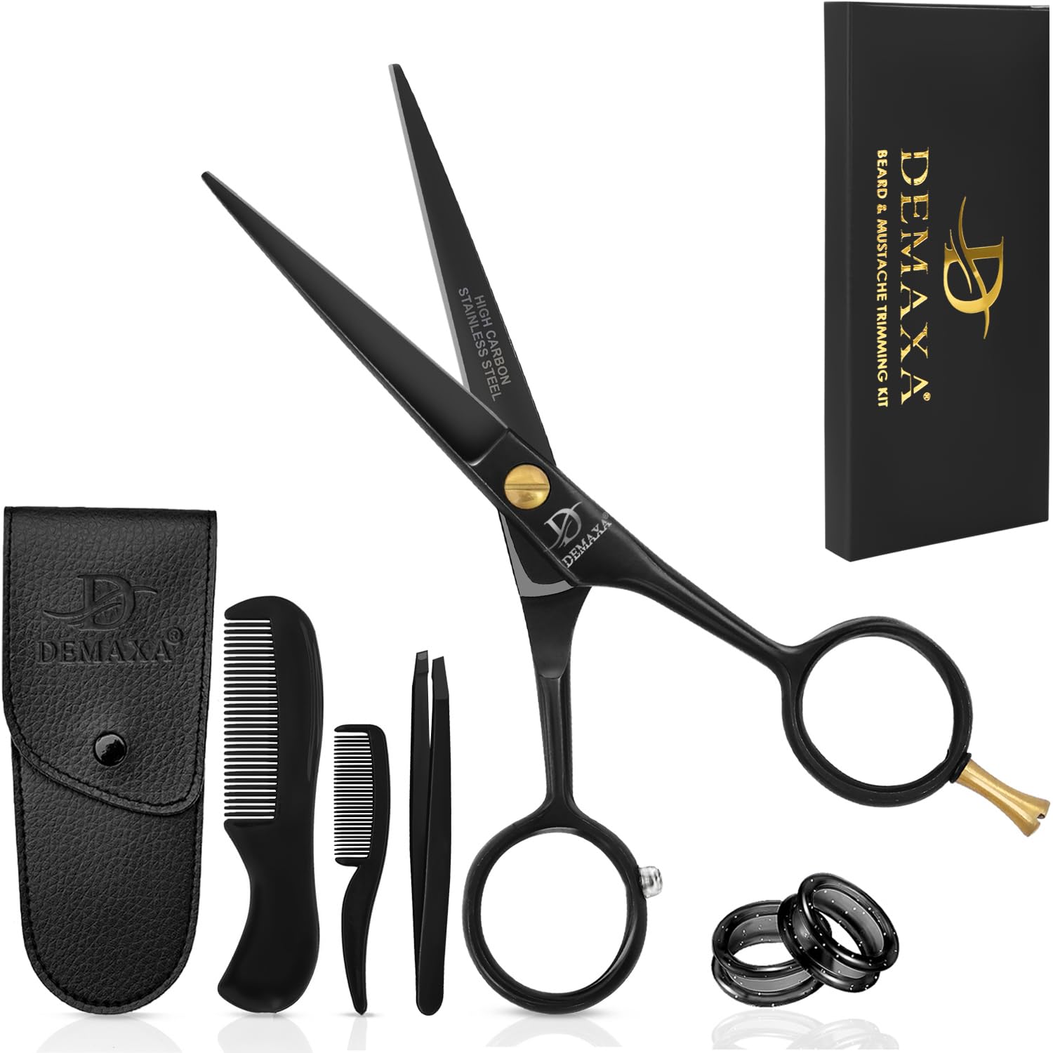 DEMAXA 5" Professional Mustache Scissors Beard Scissors for Men with Fine tip Tweezers 1 Mustache Comb 1 Beard Comb & Pouch – Beard Trimming kit & Mustache Kit (Black Shears With Tweezer)