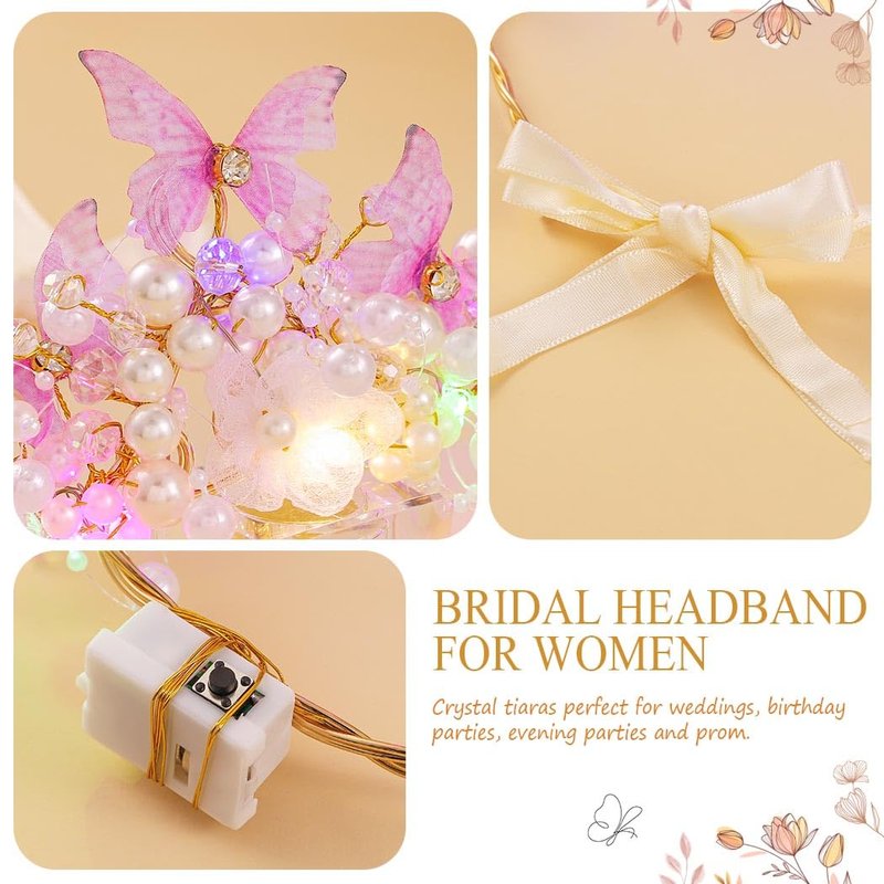 Yean Light up Butterfly Crown Flower Fairy Headband Gold Hair Accessories for Women and Girls