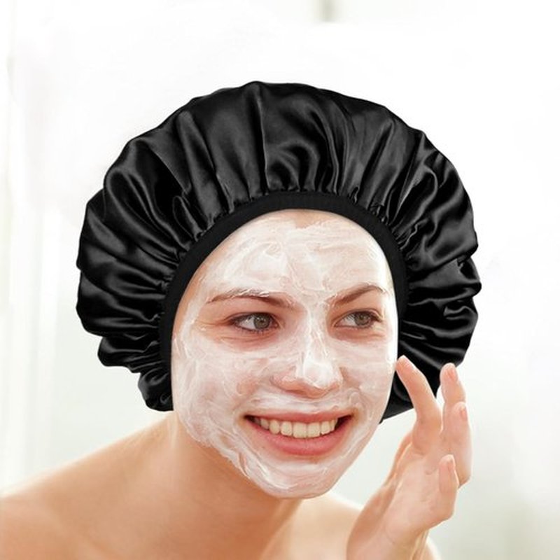 Skiennix Satin Shower Cap - Three-Layer Terry Cloth Lined, Waterproof & Reusable for Long Thick Hair | Large Size (Black)