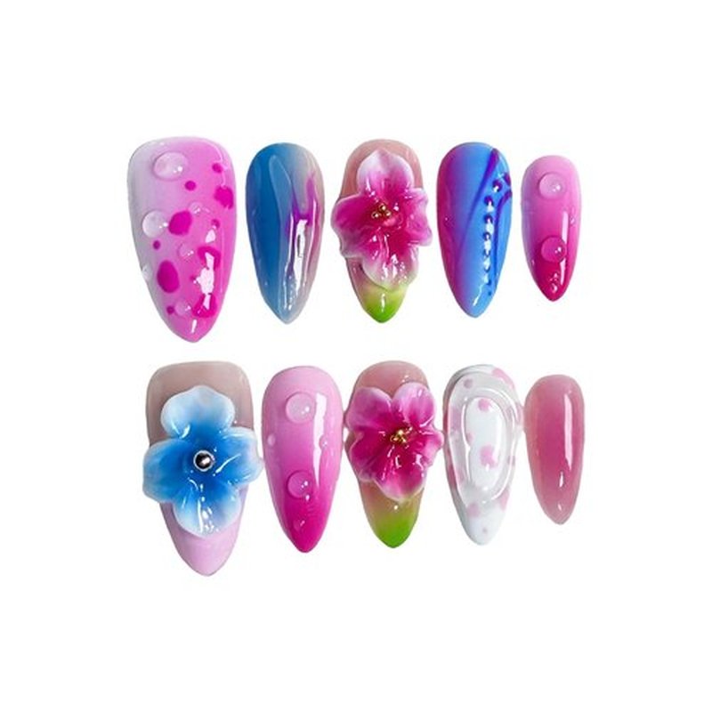Handmade Press on Nails Medium Almond Arylice Nails - Luxury 3D Flower and Droplet Designs Gradient Fake Nails Full Cover Thick and Muti-Layer Gel False Nails for Women Nail Art Accessories（M)