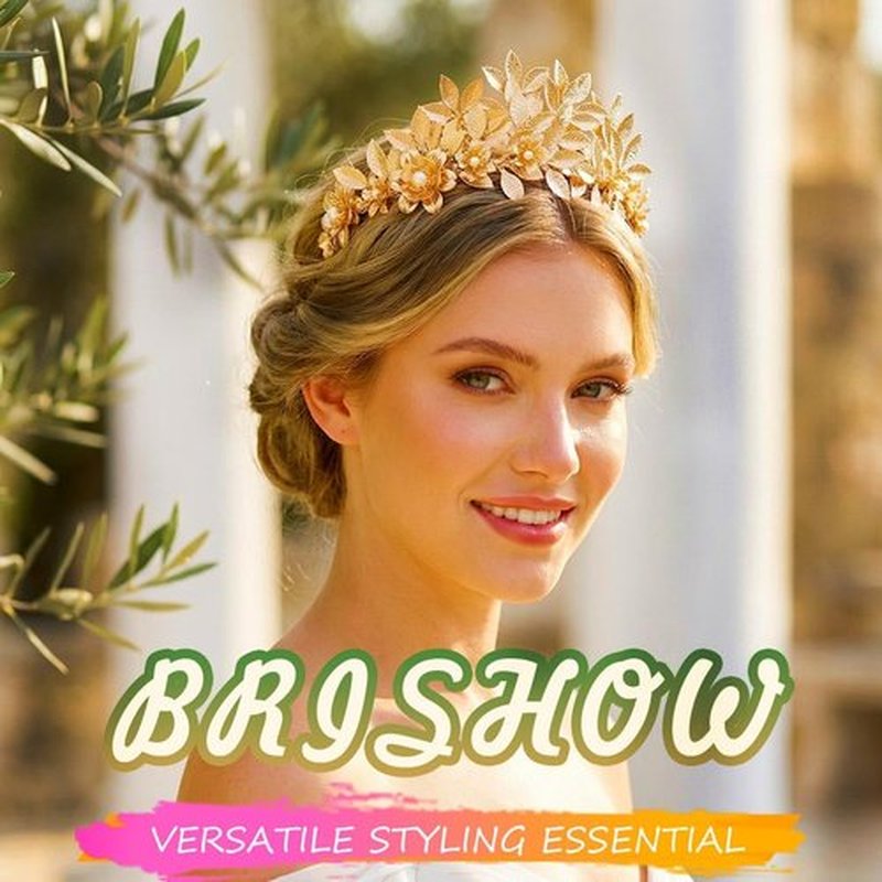 Brishow Gold Leaf Tiara Headband, Greek Goddess Laurel Crown Headpiece with Pearl Flowers for Women