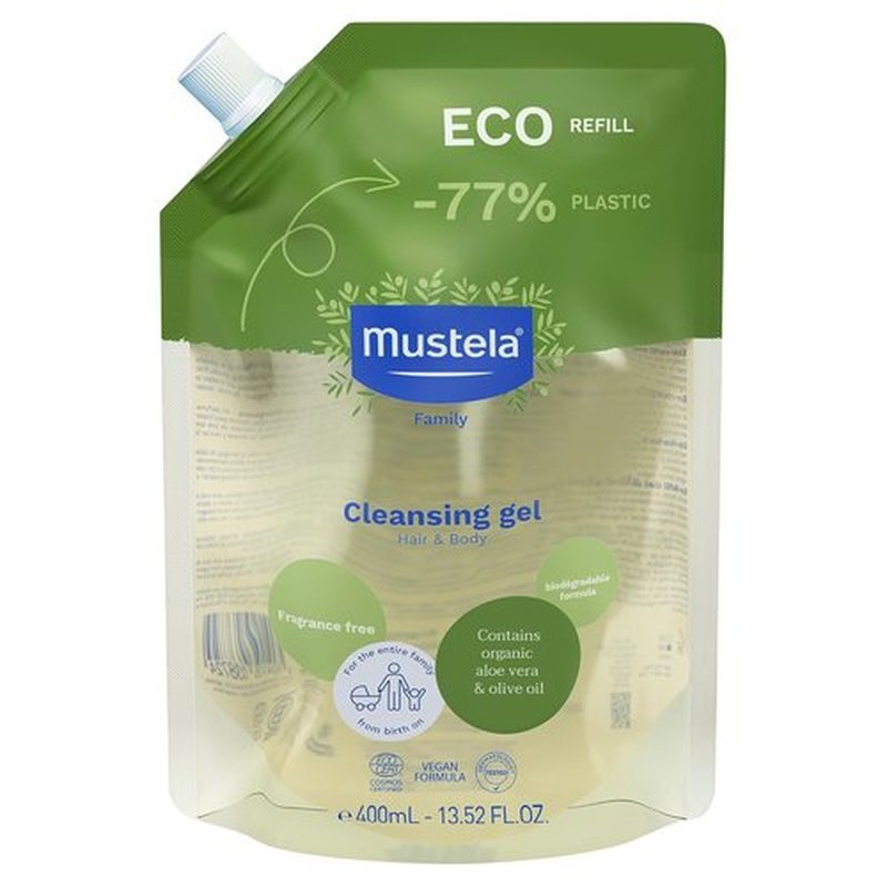 Mustela Organic Cleansing Gel | Natural Hair & Body Wash with Olive Oil & Aloe Vera - Fragrance-Free, Tear-Free, Vegan - 13.52 fl. oz.