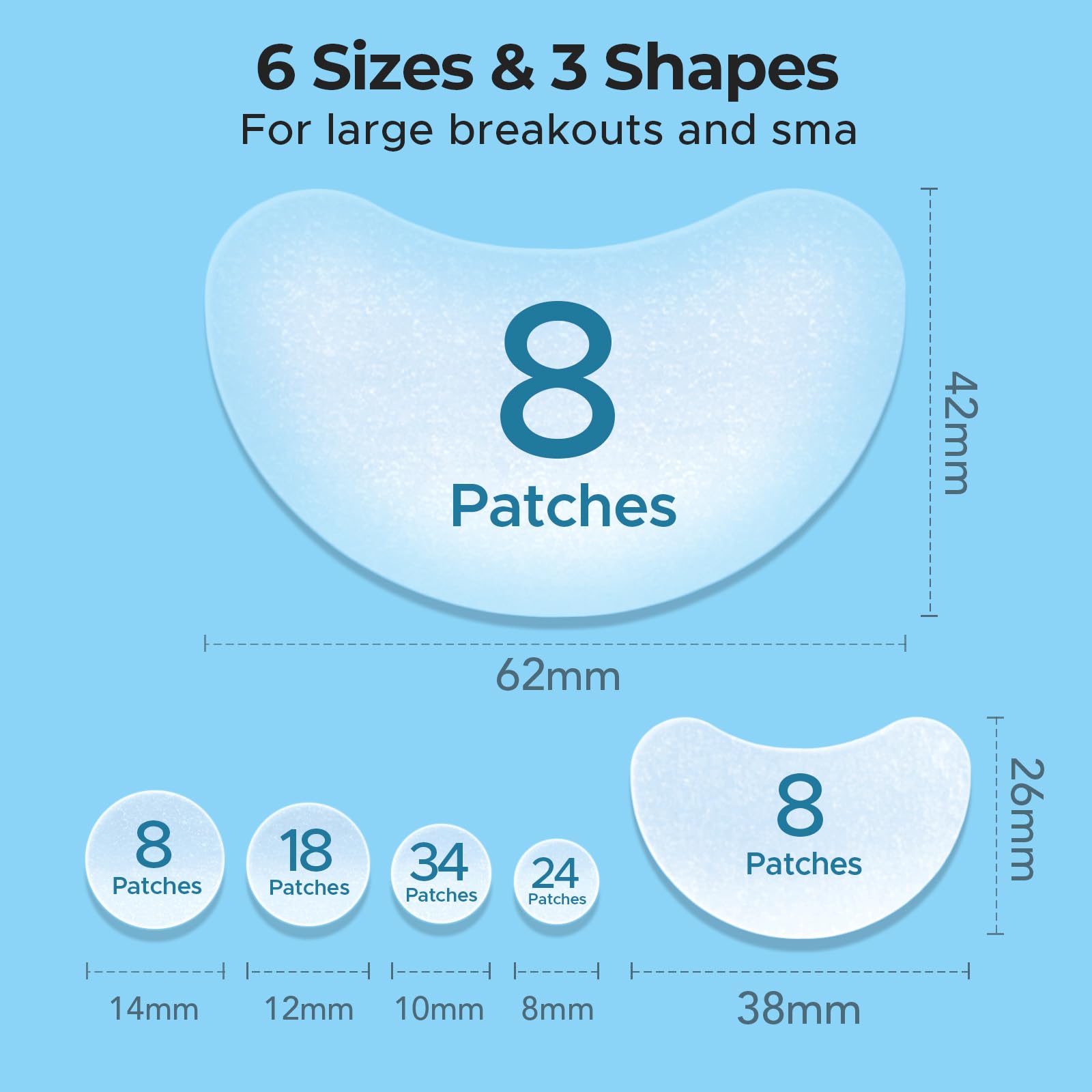 TKTK Chin Pimple Patches (100 Count 6 Sizes), XL Contoured Hydrocolloid Chin Patch 62x42 mm, Large Acne Patch for Face Blemishes Zit Breakouts, Maximum Absorption Overnight Stickers