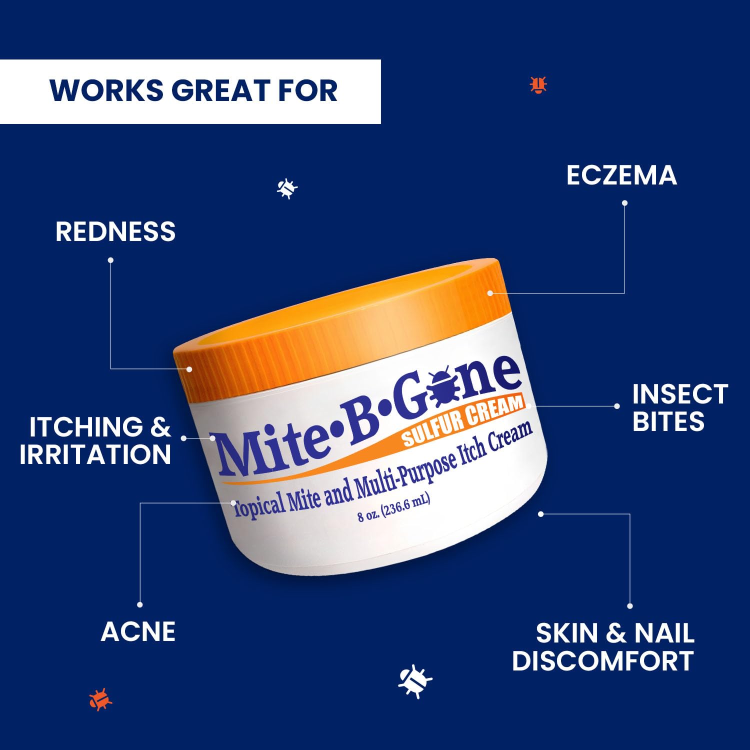 Human Mite Treatment Cream 8oz | Max-Strength 10x Sulfur Cream for Skin Mites, Bites, & Itching | Child & Adult Safe | Fast Relief for All Skin Types by Mite-Be-Gone