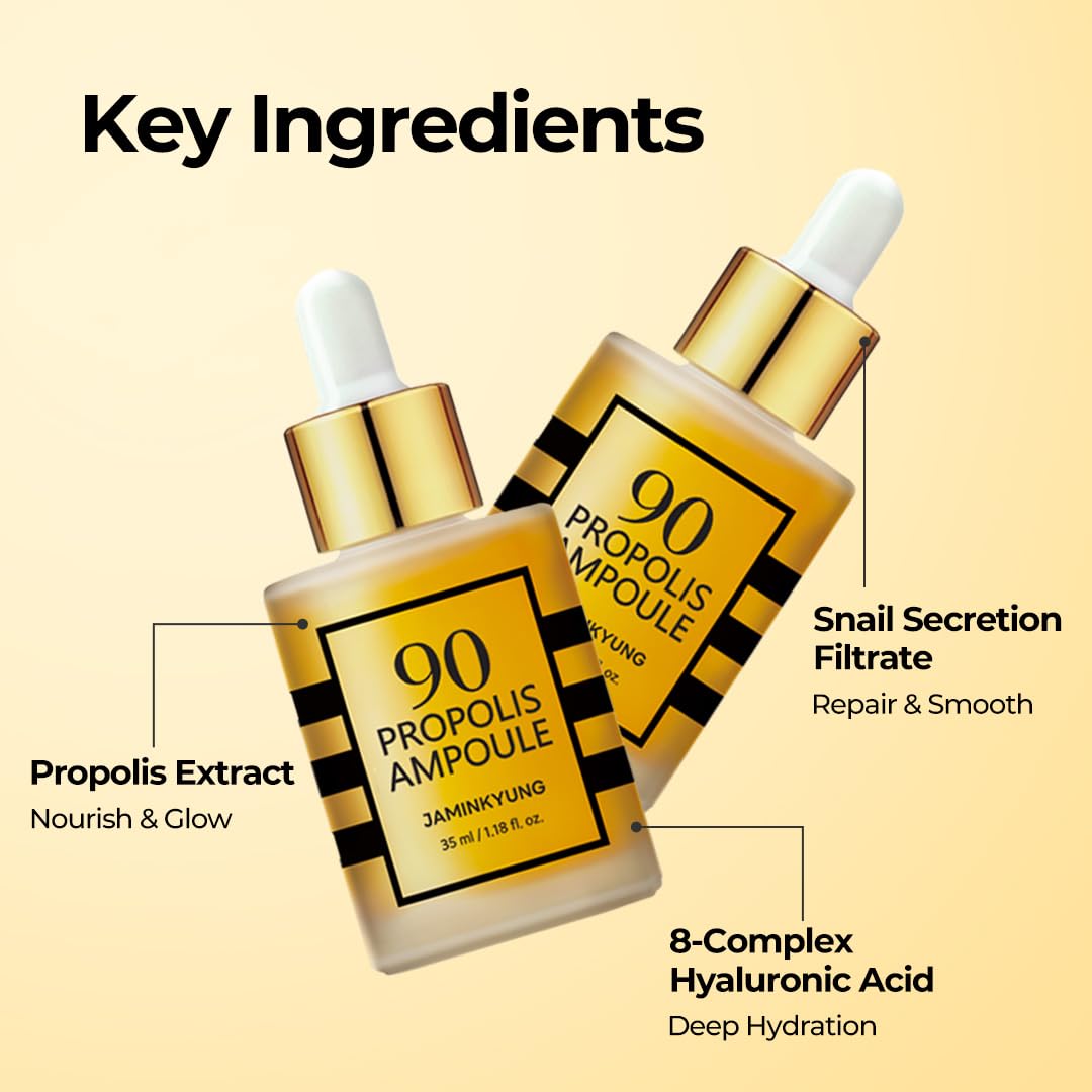 JAMINKYUNG Propolis Ampoule, Glow Boosting Serum for Face with 90% Propolis Extract & Snail Mucin, 8-Layer Hyaluronic Acid, Niacinamide for Sensitive Skin, Dry, Dull Skin, Korean Skincare 1.18 fl oz