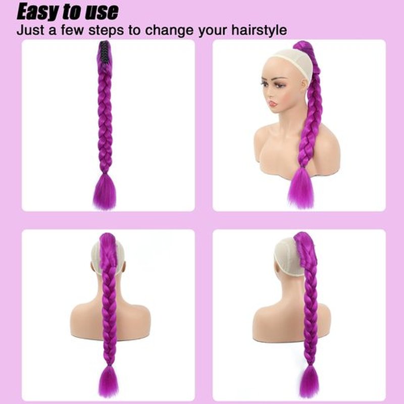 Long Purple Hair Extensions Synthetic Fiber Braid Cosplay Purple Braiding Hair 24 INCH Easy Claw Clip ponytail extension for Cosplay Halloween Costume (24 Inch)