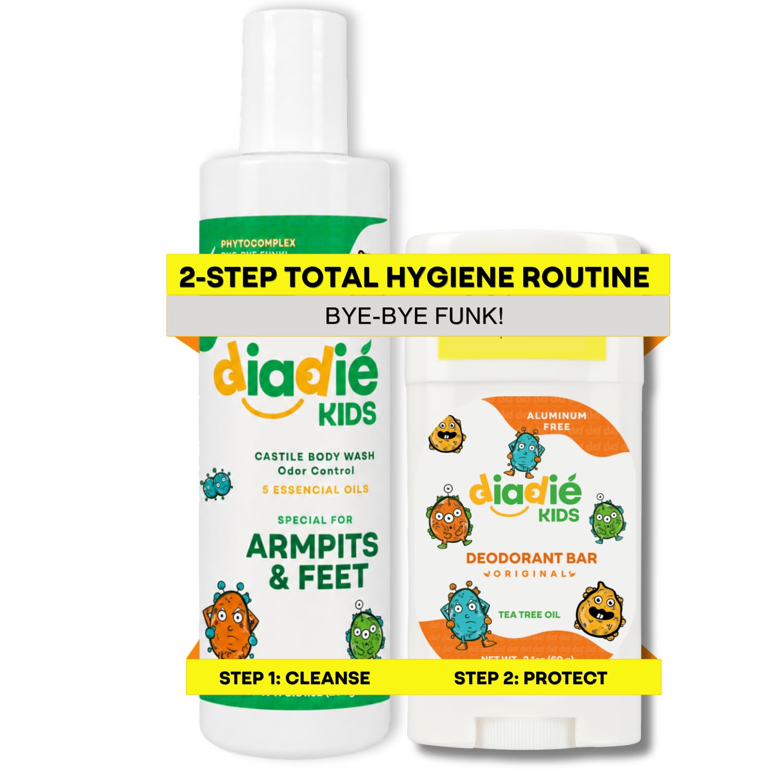 Diadié Kids Mix pack Natural deodorant bar and a Castile Liquid Body Odor Soap/Wash, For Armpits, feets, body odor protection, 5 Essential Oils, 2 Pack