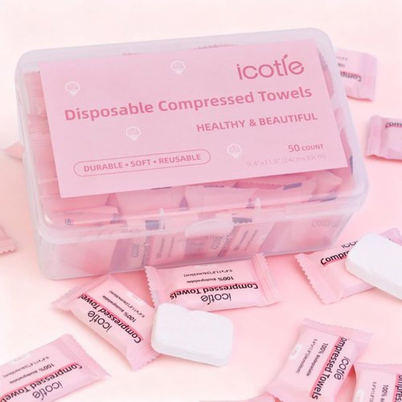 ICOTLE 50 Pcs Compressed Towels Disposable Cotton Coin Tissue Pack, Portable Face Cloths, Soft Thick Expandable Wash Towels for Travel, Home, Camping, Outdoor, Gym, Makeup Removal