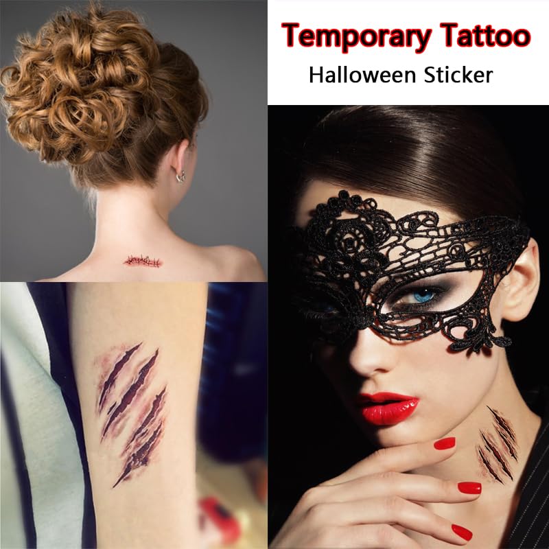 YUERWOVER Face Body Horror Realistic Fake Scar Scab Waterproof Temporary Tattoos Sticker Halloween Fool's Day Zombie Masquerade Prank Makeup Props for Kids Adult Fun (8 Sheets)
