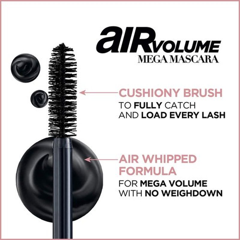 L'Oreal Paris Makeup Air Volume Mega Mascara, Lightweight & Long-lasting Volumizing Mascara for Voluminous Eyelashes, Waterproof Blackest Black, 0.3 Fl Oz