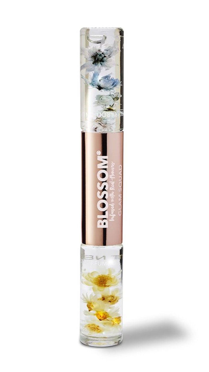 Blossom Lip Gloss & Roll On Perfume for Women, Glam Squad Double Sided Gift Set, Infused with Real Flowers, Bachelorette Gift, Made in USA 0.2oz, Raspberry/Coconut Nectar