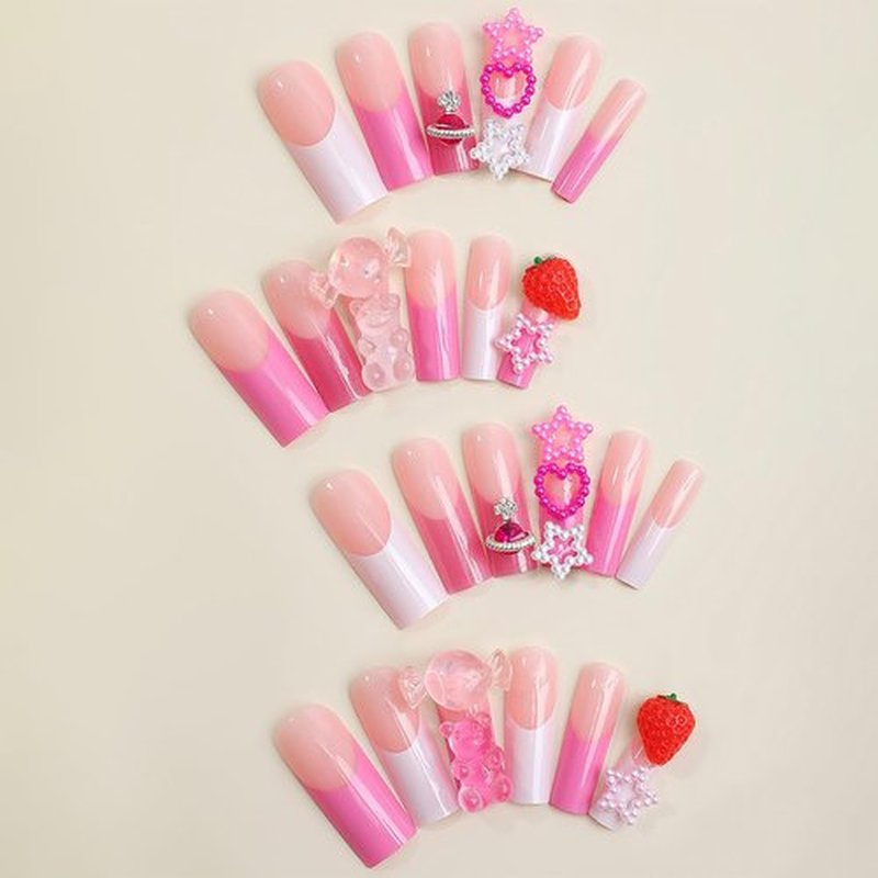 Press on Nails Coffin Long French 24Pcs Glossy Full Cover Acrylic Square Cute False Nails with Gems Designs Artificial Ballerina Fake Nails with Charm Glue Stick on Fingernails for Women Girls