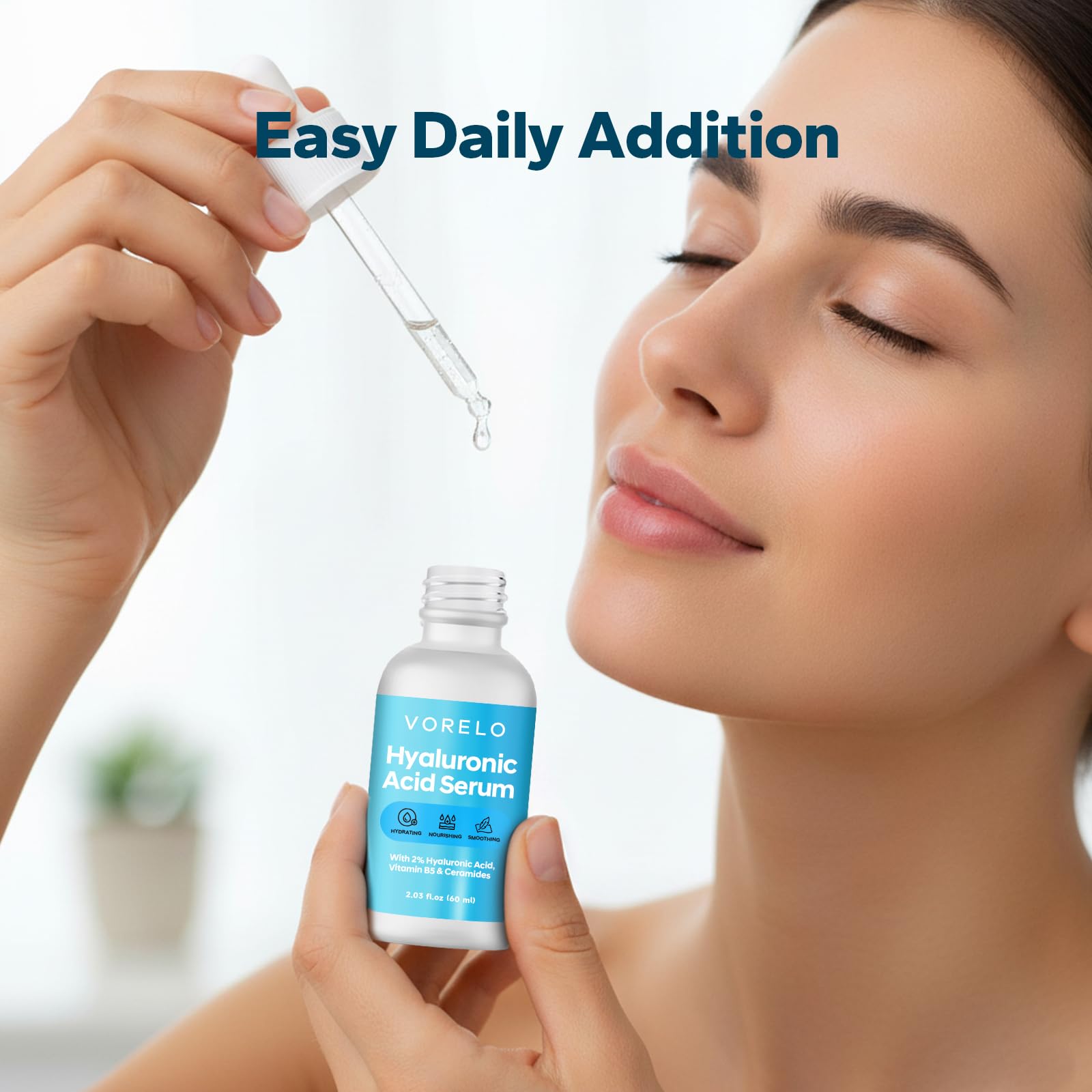 Vorelo Hyaluronic Acid 2% + B5 and Ceramides (2.03 fl.oz), Hyaluronic Acid Serum for Daily Hydration, Lightweight Formula Absorbs Quickly to Leave Skin Feeling Plumper and Smoother, Non-Sticky Finish