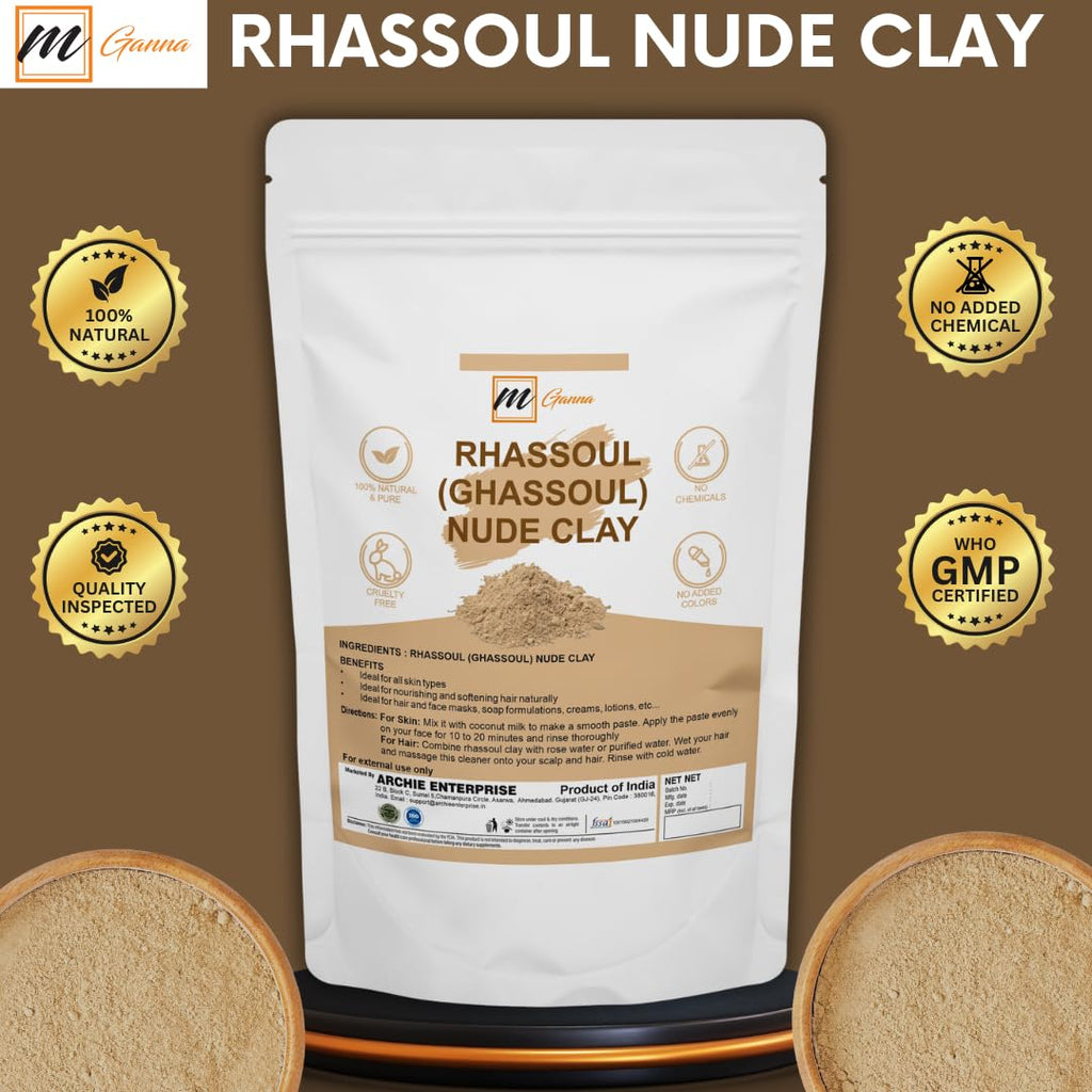 mGanna 100% Natural Moroccan Rhassoul Clay Powder/Nude/Ghassoul Lava Clay Powder for Hair Masks, Creams, Face Masks, Scrubs and Soap Making 0.22 LBS / 100 GMS