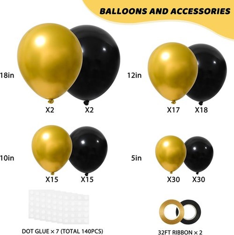 RUBFAC Black and Gold Balloons - 129-Piece Latex Balloon Garland Kit for Weddings, Graduations & Birthdays