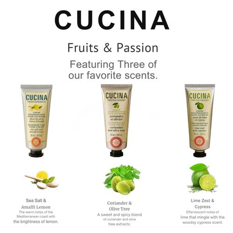 Cucina 6 Pack Regenerating Hand Cream Fruits & Passion Travel Size Set | Coriander Olive Tree | Lime Zest Cypress | Sea Salt Amalfi Lemon