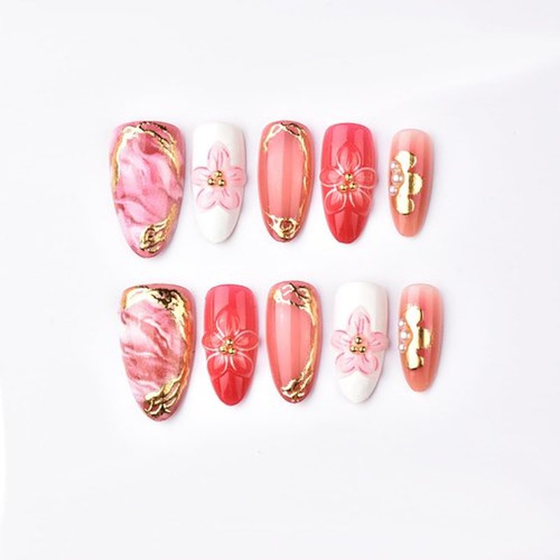 30Pcs Pink Press on Nails Medium Almond Fake Nails with 3D Flowers Pearl Designs Gold Flower False Nails Pink Gradient Acrylic Nail Tips Peach Blossoms Full Cover Stick on Nails for Women