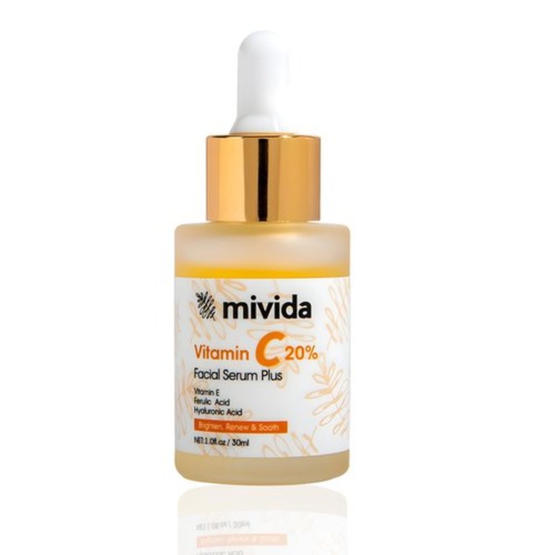 mivida 20% Vitamin C Serum for Face, Anti-Aging & Brightening Serum | W/Hyaluronic & Ferulic Acid, Vit E | Reduces Wrinkles, Fine Lines, Dark Spots & Hyperpigmentation, Maximum Strength Formula, 1floz