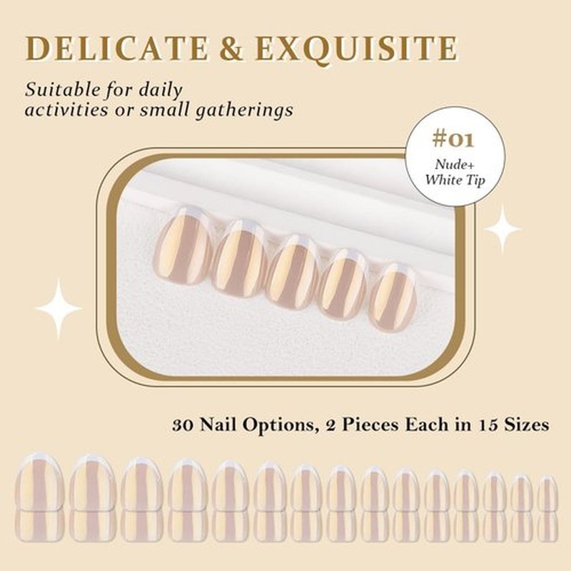 evpct French Tip Press On Nails Short Round Oval, Nude + Wihte Tips, Chrome Glazed Short Round Oval Fake False Press on Nails, Reusable Soft Gel Stick on nail Press ons with Nail Kit, Salon Quality