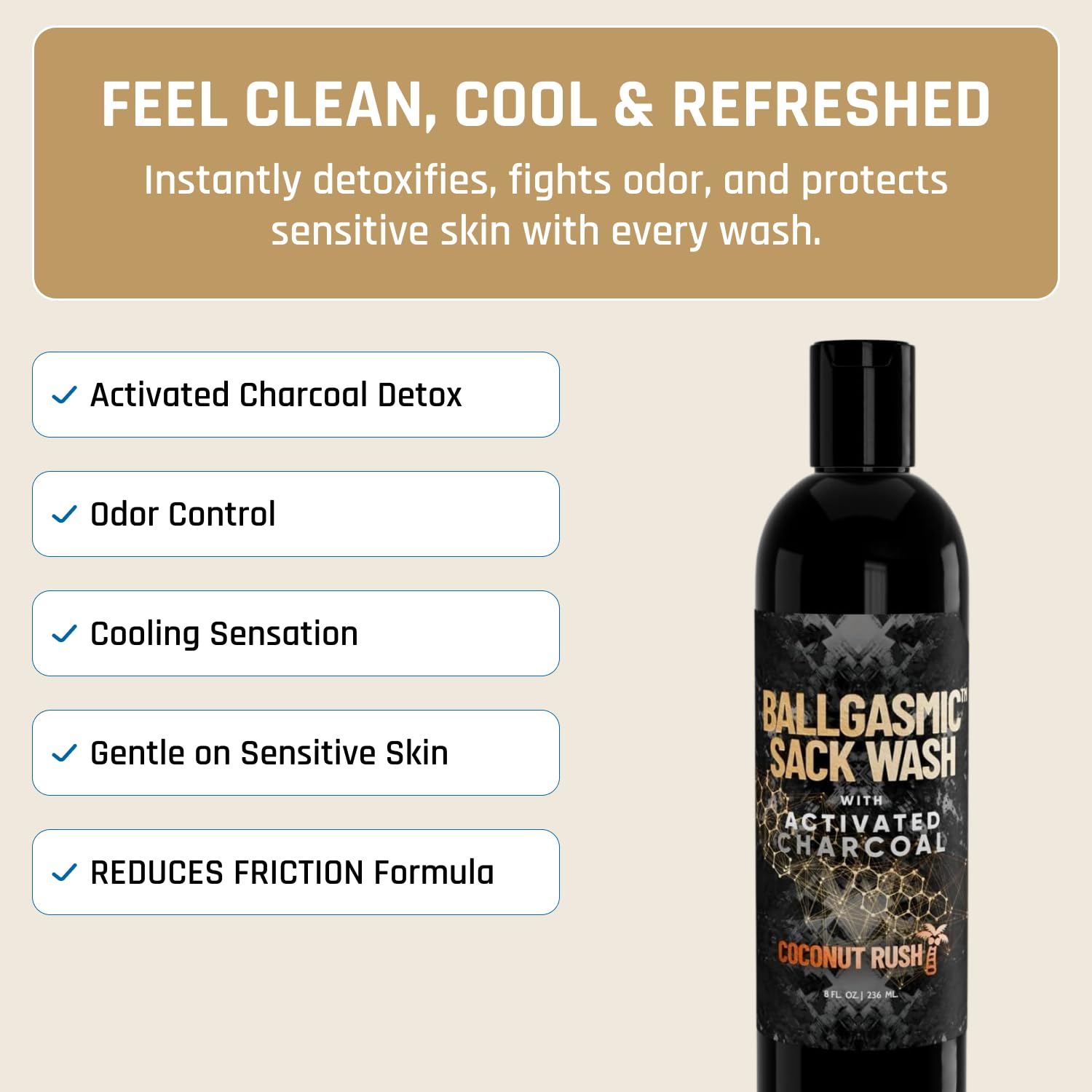 Derm Dude BallGasmic Ball Wash for Men – Anti-Chafing Body Wash with Activated Charcoal for Private Parts | Groin Cleanser & Odor Control Shower Gel – Coconut Rush Scent, 8oz