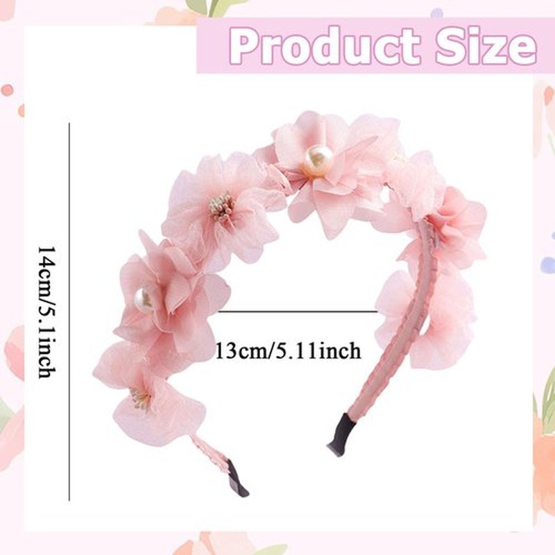 HIFANMM Flower Headband Spring Summer Hair Accessories for Women Girls, Pink Rose Flowers Hair Bands Pearls Elegant Decoration Headdress Party Wedding Supplies Non Slip Head Band 1 Pcs
