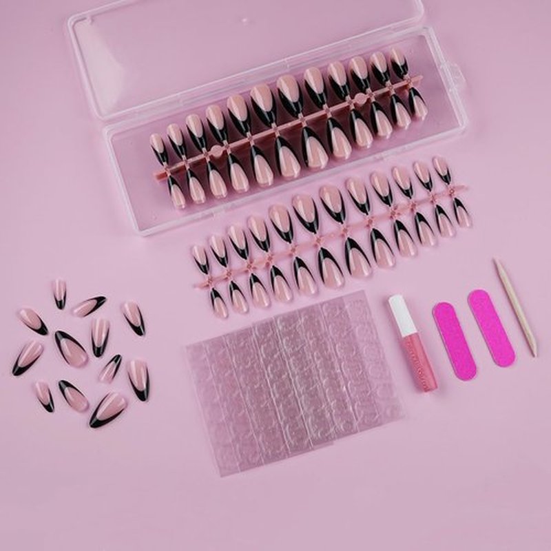 Lamemoria 240pcs Pre-Design Basic Black UV Gel French Nail Tips, Medium Long French Tip Press On Nails Almond, Nude Pink Base Salon Fake Nails Set Kit With Glue/Tabs