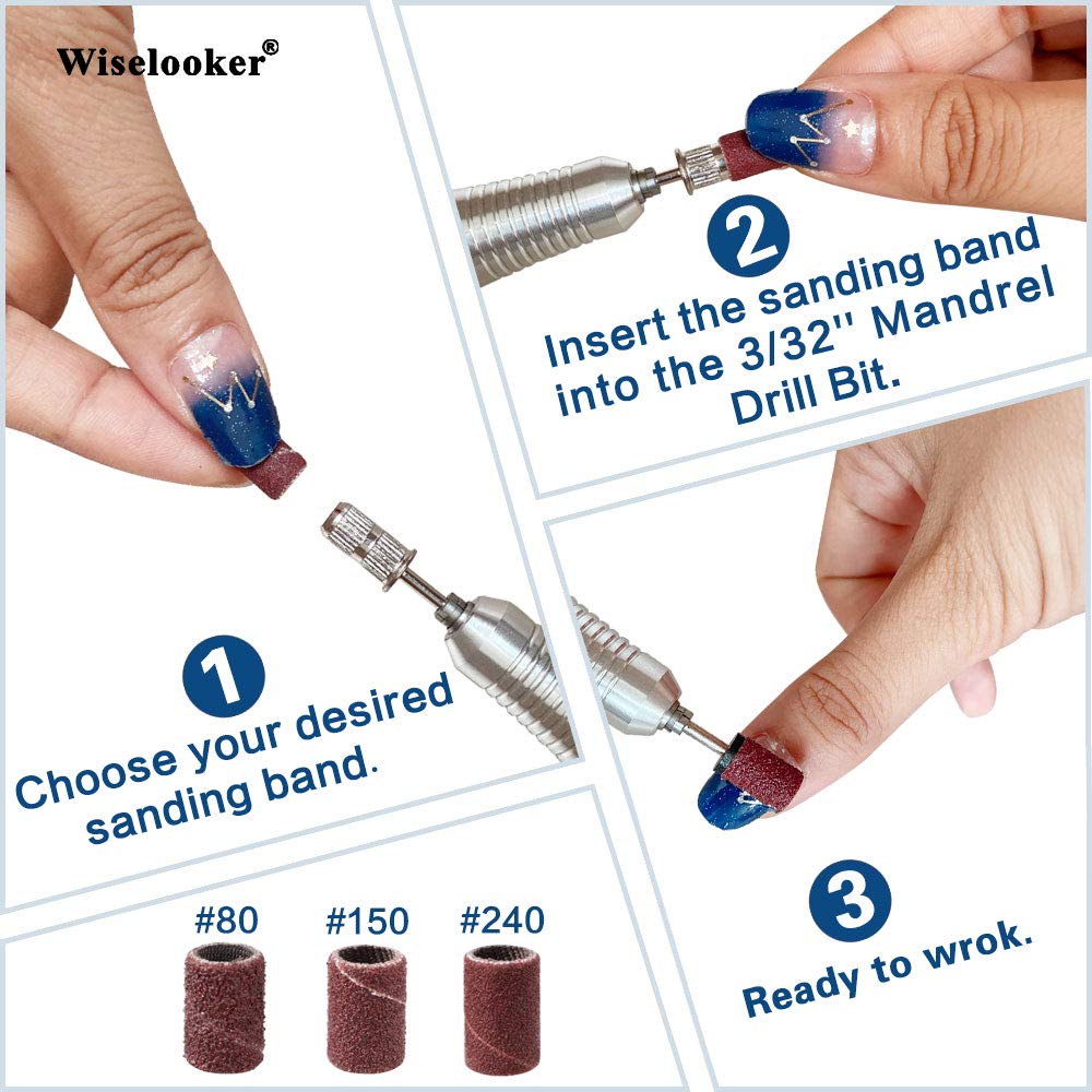 Wiselooker 300pcs Sanding Bands Nail Buffers for Menicure #80#150#240 Coarse Meduim Fine Grit Professional for Acrylic Nail Drill Efile Drills Dremal Machine