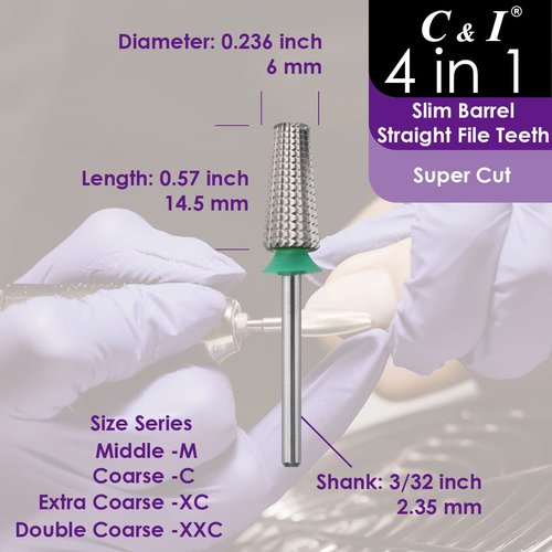 C & I Nail Drill Bit 4 in 1 Super Cut E-File, Multi-Function Plus Upgrade File-Teeth, Slim Barrel & Straight Cut, for Manicure Drill Machine, Help Nail Tech to Remove Nail Works (Double Coarse-XXC)