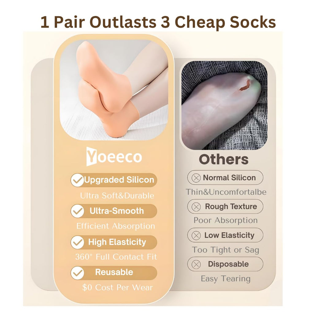 Yoeeco Reusable Silicone Socks for Dry Cracked Feet & Heels - Moisturizing Socks for Women and Men Fits Sizes US5-12 - Lotion Rubber Socks for Overnight Repair & Spa Treatment (Beige & Pink)