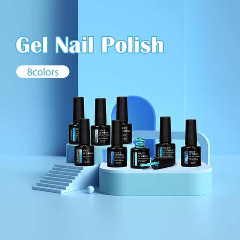 8PCS Gel Nail Polish Set Royal Sky Blue Navy, Reflective Glitter Cat Eye Color Changing Moonlight Magnetic Thermal Rubber Base Coat Glaze Builder Meteorite Sequins Glitter Thermal Manicure for Women