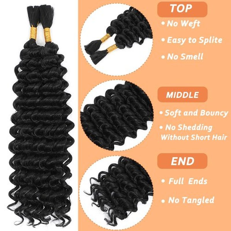 Human Braiding Hair Mix Synthetic Deep Wave Bulk Hair for Braiding, 18 Inch Wet and Wavy Braiding Hair 2 Pcs Boho Hair for Braiding Curly Bohemian Hair Extensions