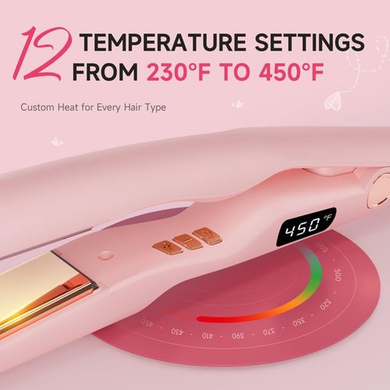 Flat Iron Hair Straightener 1 Inch Titanium - Fast Heating Pink Hair Straightener， Negative Ions Flat Iron 12 Temp (230°F-450°F), Auto Shut Off, Temp Memory & Dual Voltage for Smooth Silky Hair