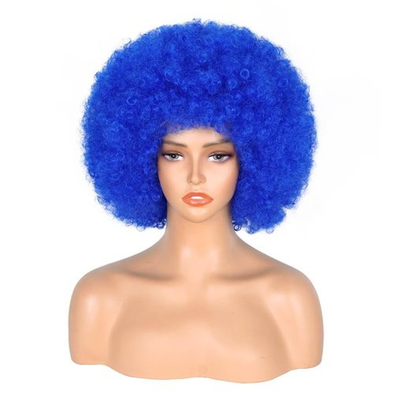 Aminow 70's Afro Wig for Women, Blue Short Afro Kinky Curly Wig, Glueless Synthetic Wig with Bangs, Puffy & Fluffy Bouncy Afro Wig for Daily Cosplay Party