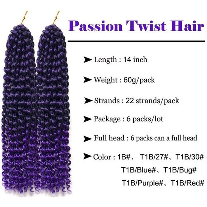 14inch Purple Water Wave Crochet Hair 6 Packs Ombre Passion Twists Crochet Hair Extensions, Synthetic Crochet Hair, Bohemian Locs Braiding Hair(14inch T1B/Purple#)