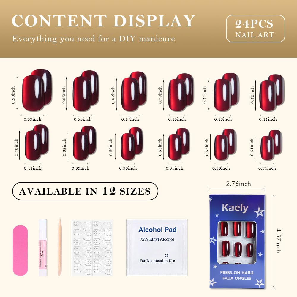 XZMeiLun Cat Eye Dark Red Press On Nails Medium Long Length Square, Designer Reusable Acrylic Fake Nail with Glue, Glossy Gel Nails Wedding Party, Stick On Glue On Nail, Nails Press Ons for Women