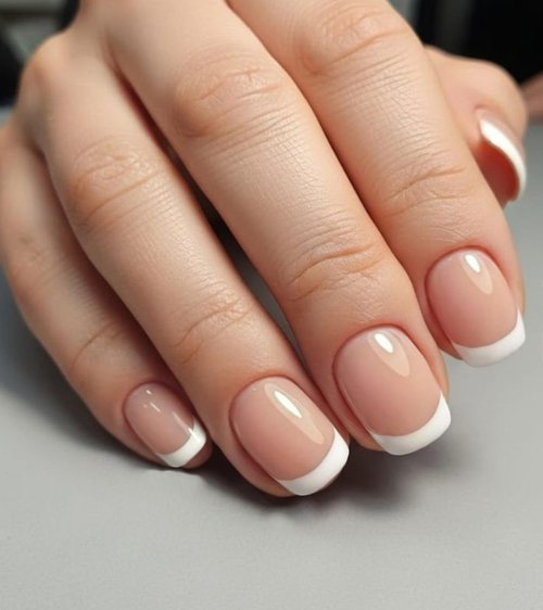 Artquee Classic French Tip Press on Nails Short Nude White Square False Tips Clear Glossy Reusable Fake Stick on Nails Kit for Women - 30 PCS 15 Sizes