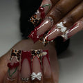 RIICFDD Long Press on Nails Square Leopard Print French Tip Fake Nails Glue on Nails with Cherry Charms and Rhinestones Designs Acrylic False Nails Full Cover Stick on Nail for Women 24Pcs