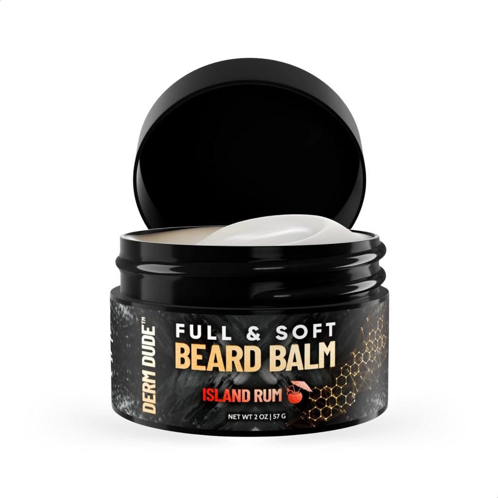 Derm Dude Full and Soft Beard Balm for Men – Conditioning Balm with Natural Oils for Growth, Softness & Styling – Tames Frizz, Hydrates Skin – Non-Greasy - Island Rum, 2oz