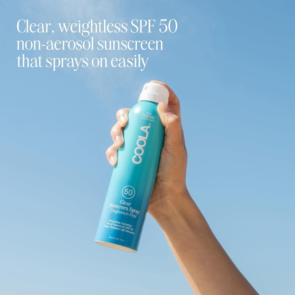 COOLA Organic Sunscreen SPF 50 Sunblock Spray, Dermatologist Tested Skin Care for Daily Protection, Vegan and Gluten Free, Fragrance Free, 6 Fl Oz