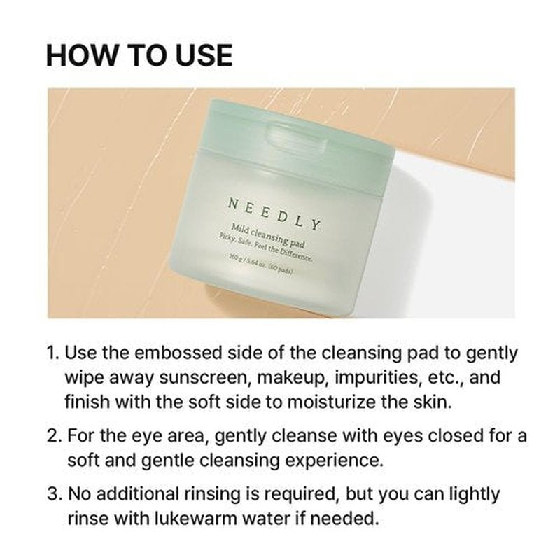 NEEDLY Mild Cleansing Pad, Makeup Remover for Sensitive Skin (60 Pads), Triple Deep Cleansing, Barrier Care with Only Two Surfactants & Panthenol, Extra-Large Soft Vegan Pad, Korean Skincare