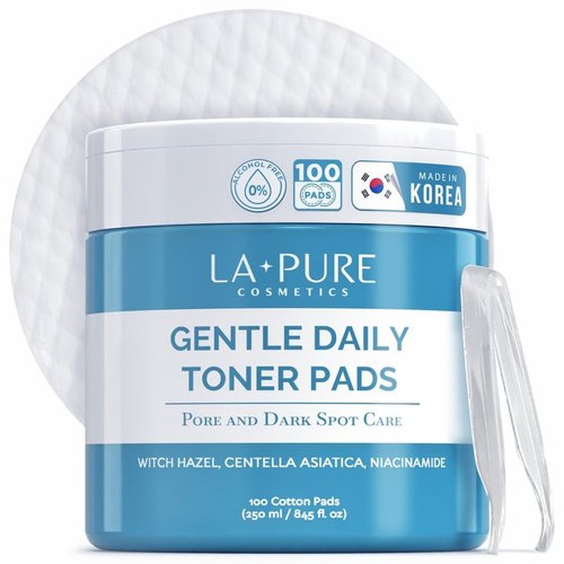 La Pure Korean Toner Pads, Large, 100 Ct, with Witch Hazel, Centella Asiatica & Niacinamide, Alcohol-Free, Gentle Exfoliating Pore & Dark Spot Care