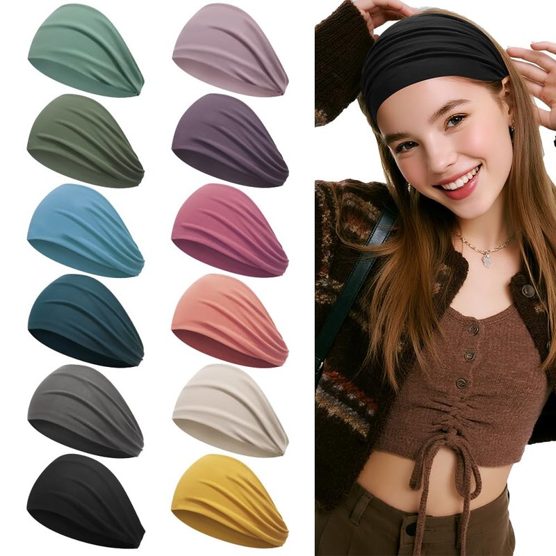 Z-CHARMMY Wide Headbands for Women Non Slip, Nurse Headbands for Women, Fabric Head Bands for Women's Hair, Fashion Hair Accessories, 12 Solid Colors