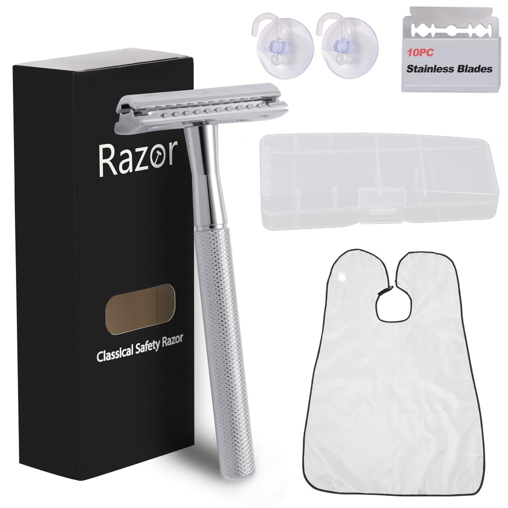 Double Edge Razor, Safety Razor With 10 Premium Stainless Steel Reusable Blades And a Beard Bib,Transparent Packaging Box Single Blade Razors For Men and Women, Smooth Shave Experience,Silver