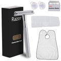 Double Edge Razor, Safety Razor With 10 Premium Stainless Steel Reusable Blades And a Beard Bib,Transparent Packaging Box Single Blade Razors For Men and Women, Smooth Shave Experience,Silver