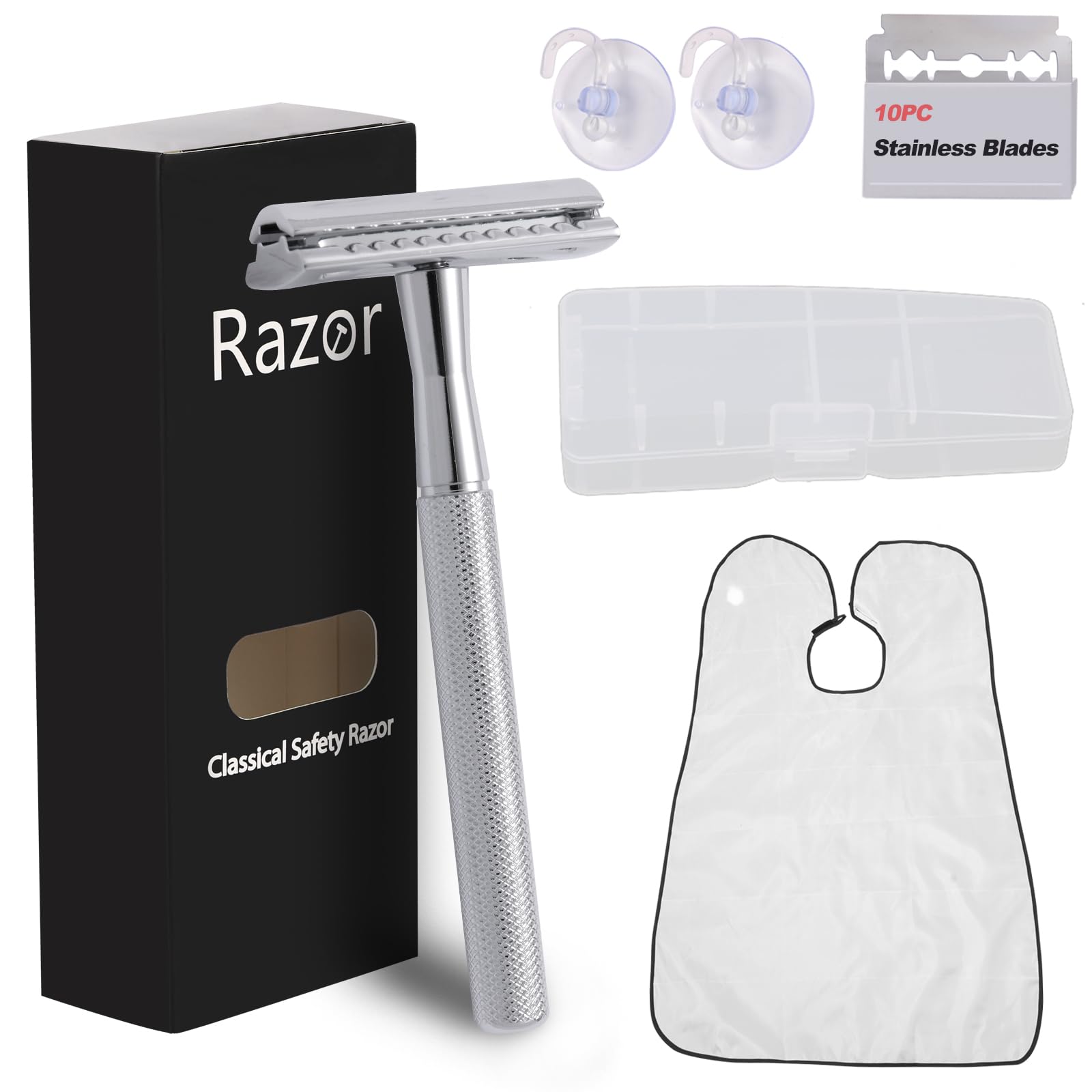 Double Edge Razor, Safety Razor With 10 Premium Stainless Steel Reusable Blades And a Beard Bib,Transparent Packaging Box Single Blade Razors For Men and Women, Smooth Shave Experience,Silver