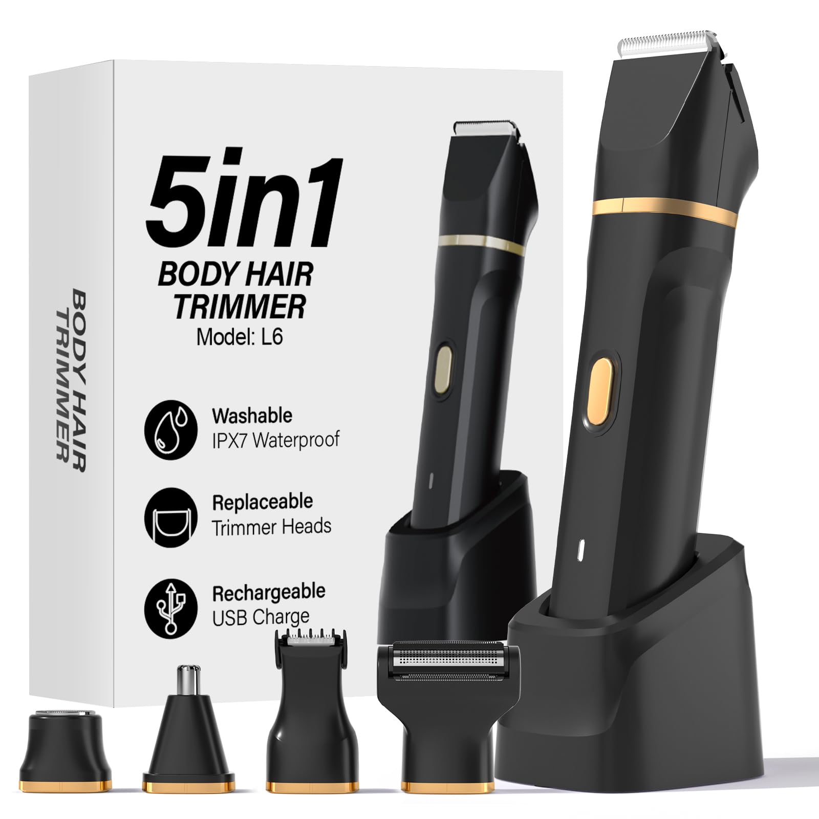 Bikini Trimmer for Women - 5 in 1 Electric Razors for Ladys Pubic Facial Nose Body Leg Hair Removal, Waterproof Electric Shaver for Women Private Area Sensitive Skin, Personal Hair Trimmer-Black