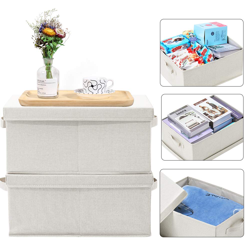 HOONEX Foldable Storage Bins with Lids, 2 Pack, Storage Boxes with Carrying Handles and Sturdy Heavy Cardboard, 16.5" L x 11.8" W x 7.5" H for Shoes, Books, Clothes, Beige