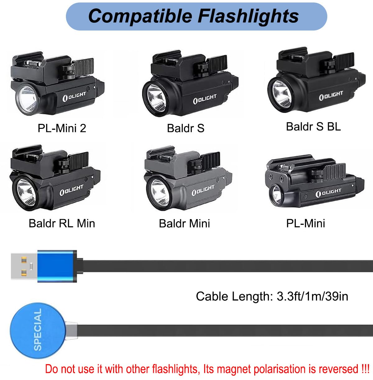 MCC Special Charger for Olight PL-Mini 2, Baldr S/S BL, Baldr Mini RL - Replacement USB Charging Cable for Tactical Flashlights (3.3ft/1m)