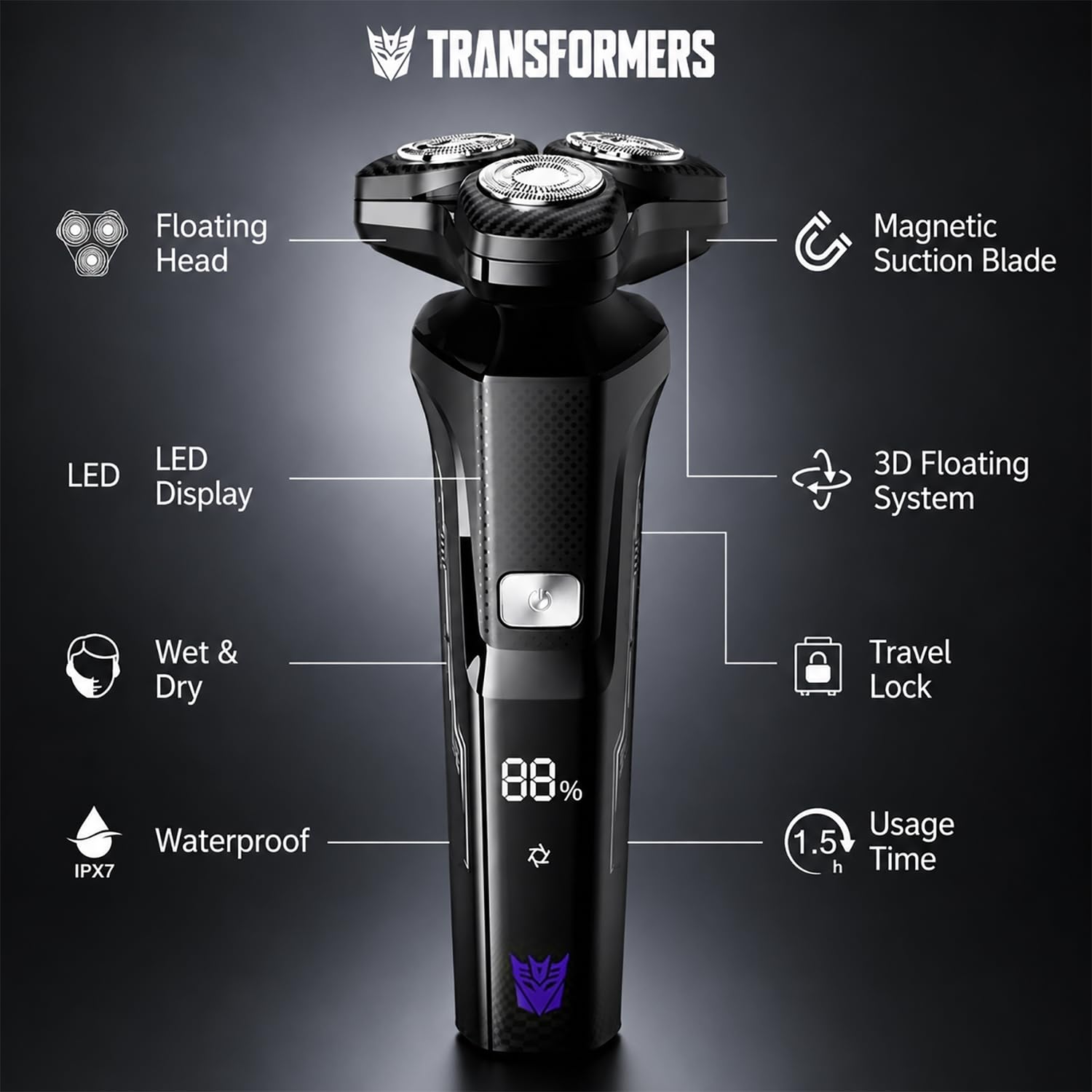 TRANSFORMERS Electric Razor for Men, 3D Rotary Shaver for Sensitive Skin with Pop-up Trimmer, IPX7 Waterproof, Wet & Dry USB-C Fast Charging Shaver with LED Display & Travel Lock – Gifts for Men